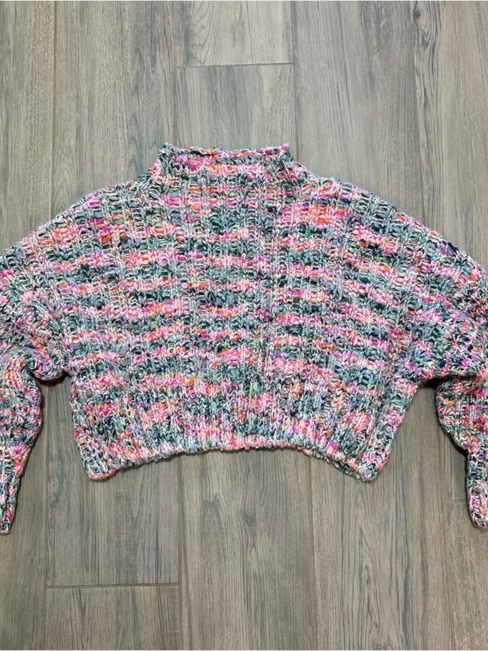 Free People Chunky Cozy Chic Multicolor Cropped Knit Sweater - Pink/Gray Small